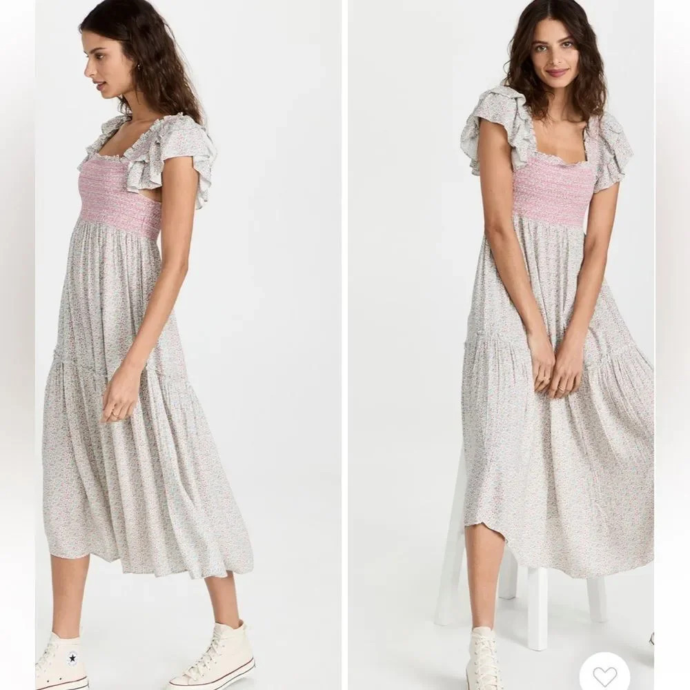 LoveShackFancy Pink Burnley Floral Boho Summer Midi Dress Small